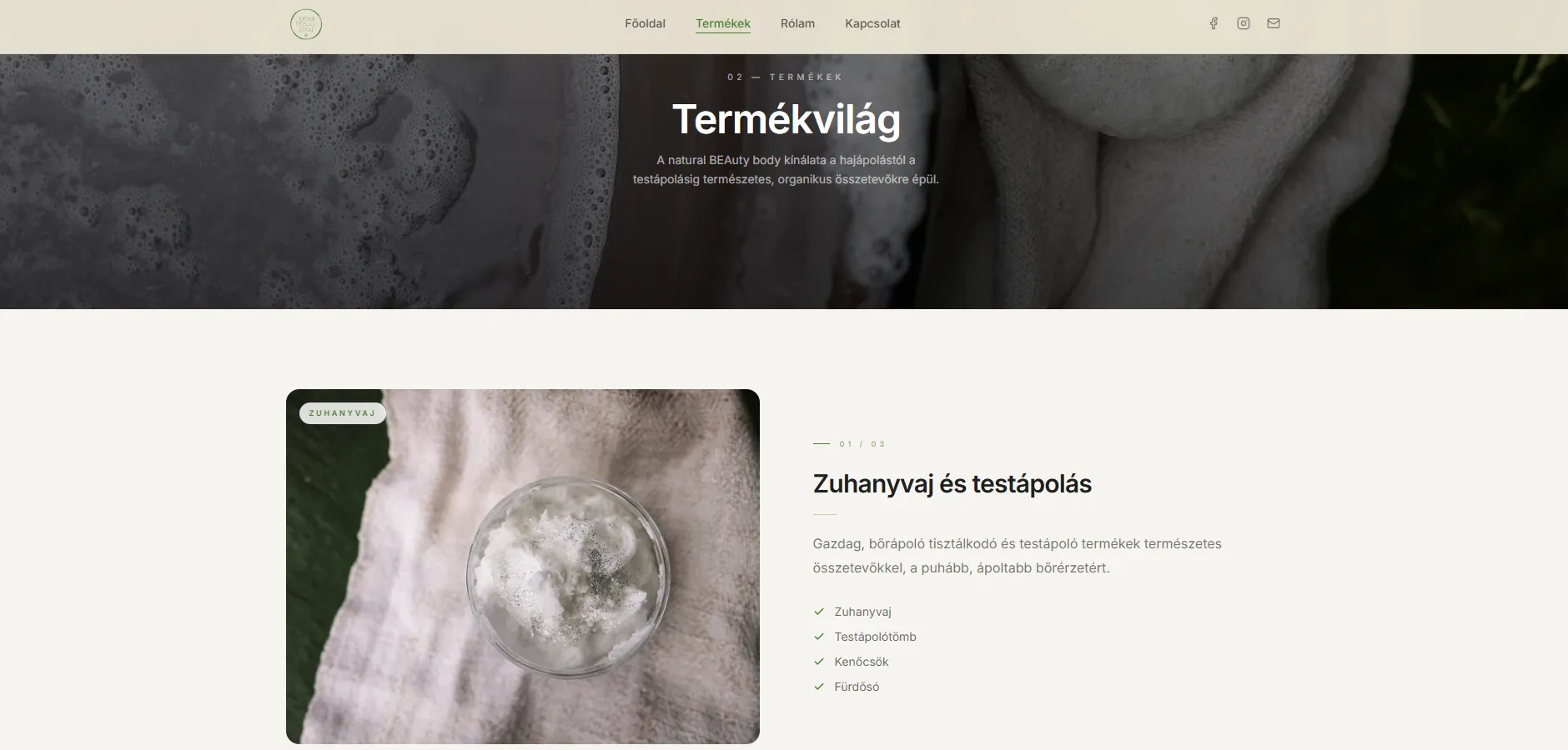 Natural BEAuty Body Termékek oldalának nyitóképernyője